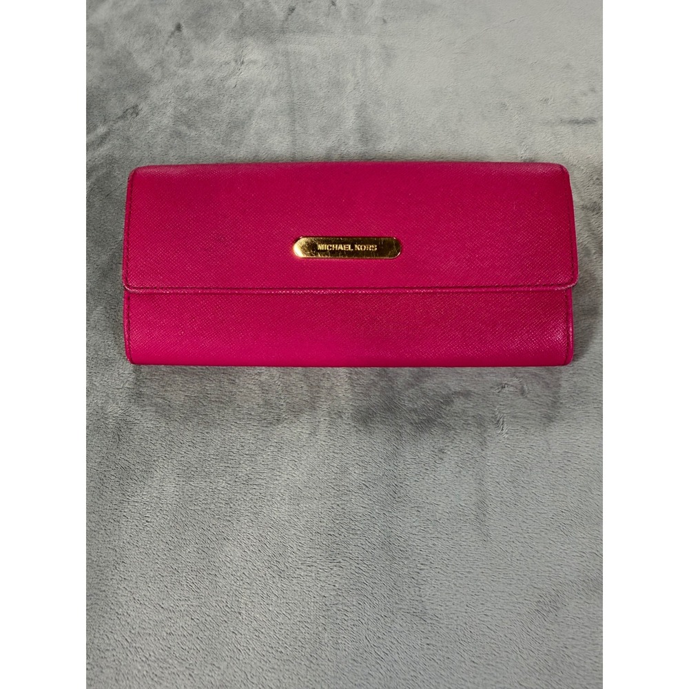 Michael Kors Barbie Pink Leather Continental Slim Wallet Zip Pocket Card Slots